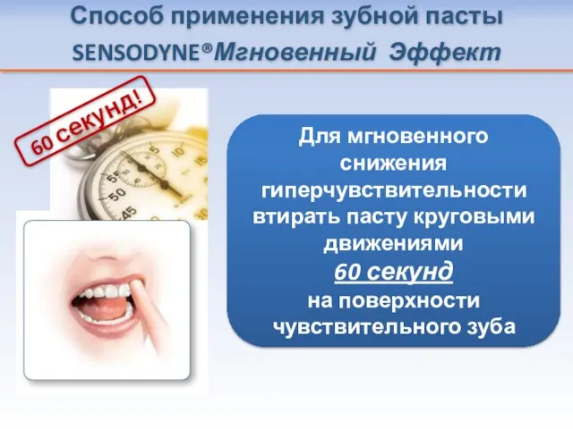 Способ применения зубной пасты SENSODYNE®Мгновенный Эффект Для мгновенного снижения гиперчувствительности втирать пасту