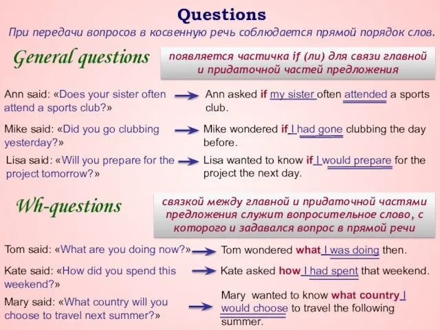 Questions General questions Wh-questions При передачи вопросов в косвенную речь соблюдается прямой