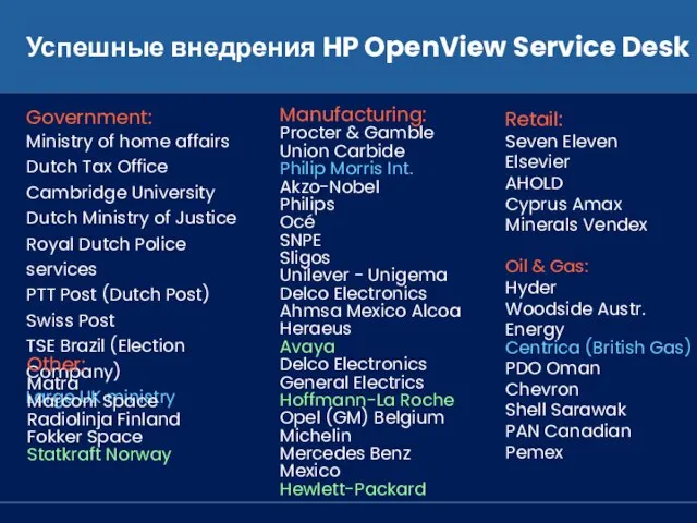 Успешные внедрения HP OpenView Service Desk Manufacturing: Procter & Gamble Union Carbide