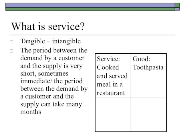 What is service? Tangible – intangible The period between the demand by