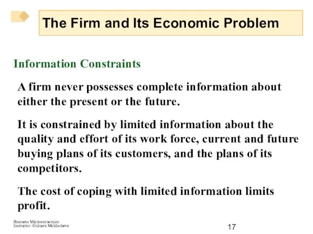 Information Constraints A firm never possesses complete information about either the present