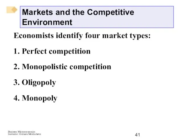 Markets and the Competitive Environment Economists identify four market types: 1. Perfect