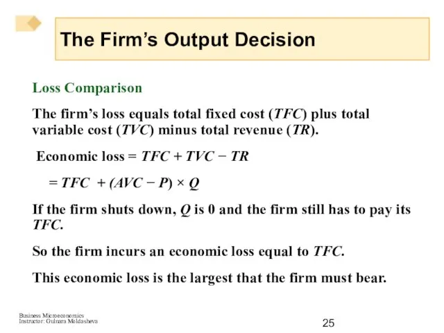 Loss Comparison The firm’s loss equals total fixed cost (TFC) plus total