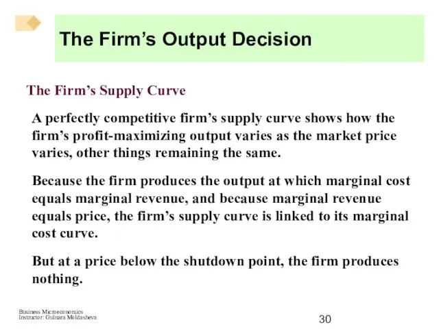 The Firm’s Supply Curve A perfectly competitive firm’s supply curve shows how