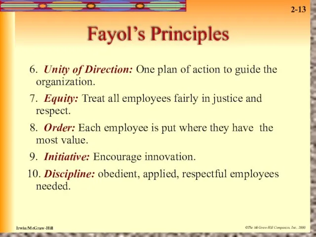 Fayol’s Principles 6. Unity of Direction: One plan of action to guide