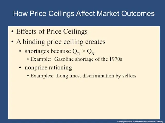 How Price Ceilings Affect Market Outcomes Effects of Price Ceilings A binding