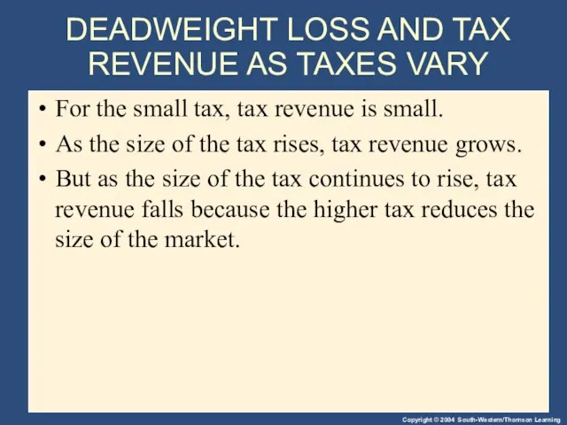 DEADWEIGHT LOSS AND TAX REVENUE AS TAXES VARY For the small tax,