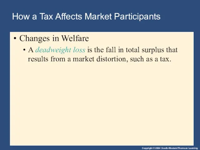 How a Tax Affects Market Participants Changes in Welfare A deadweight loss