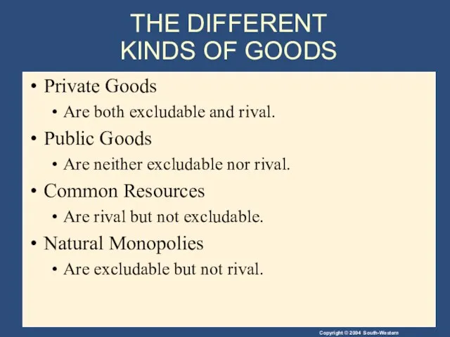 THE DIFFERENT KINDS OF GOODS Private Goods Are both excludable and rival.