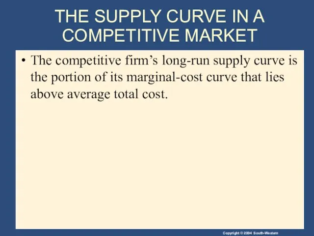 THE SUPPLY CURVE IN A COMPETITIVE MARKET The competitive firm’s long-run supply