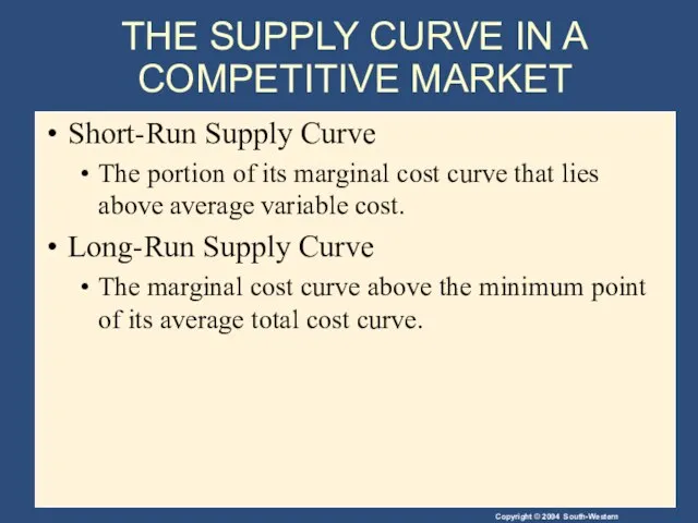 THE SUPPLY CURVE IN A COMPETITIVE MARKET Short-Run Supply Curve The portion