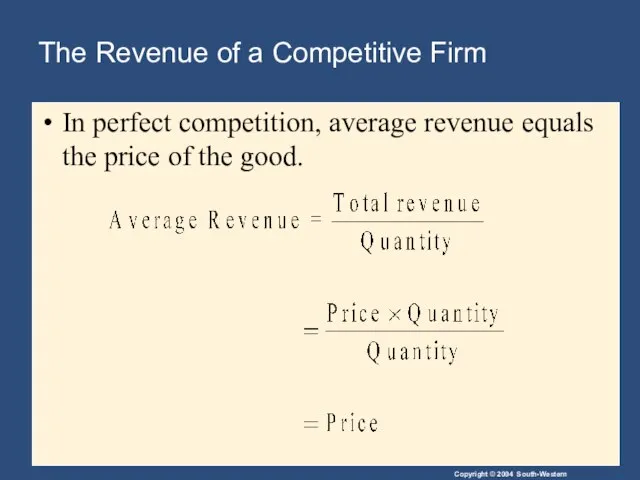 The Revenue of a Competitive Firm In perfect competition, average revenue equals