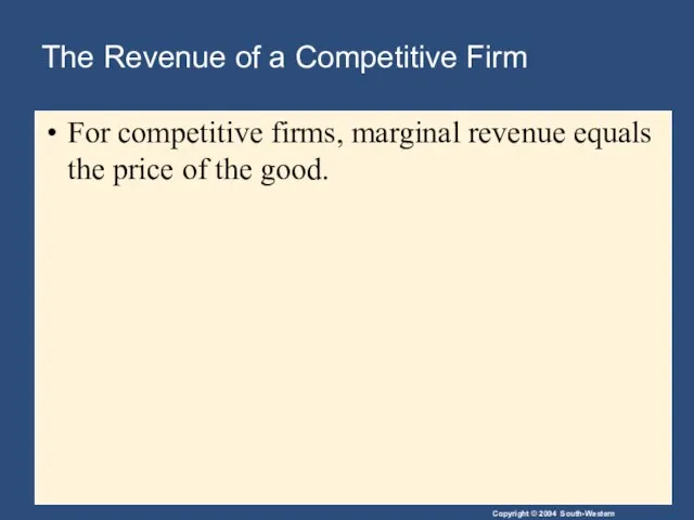 The Revenue of a Competitive Firm For competitive firms, marginal revenue equals