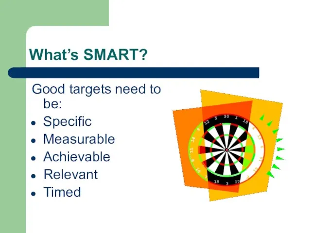 What’s SMART? Good targets need to be: Specific Measurable Achievable Relevant Timed