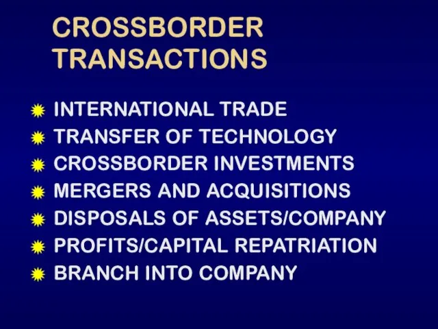 CROSSBORDER TRANSACTIONS INTERNATIONAL TRADE TRANSFER OF TECHNOLOGY CROSSBORDER INVESTMENTS MERGERS AND ACQUISITIONS