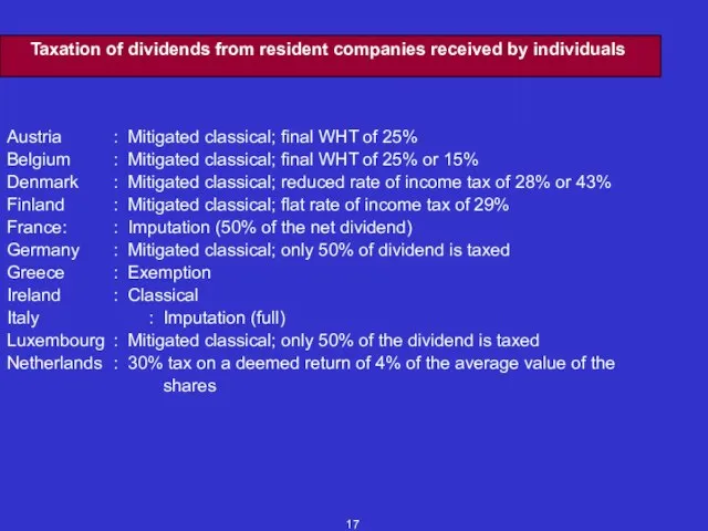 Taxation of dividends from resident companies received by individuals Austria : Mitigated