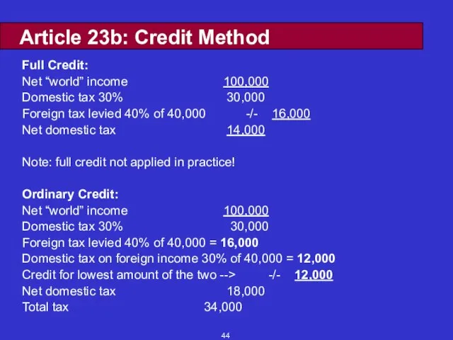 Article 23b: Credit Method Full Credit: Net “world” income 100,000 Domestic tax