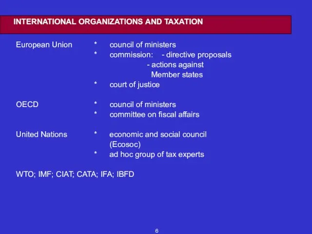 INTERNATIONAL ORGANIZATIONS AND TAXATION European Union * council of ministers * commission: