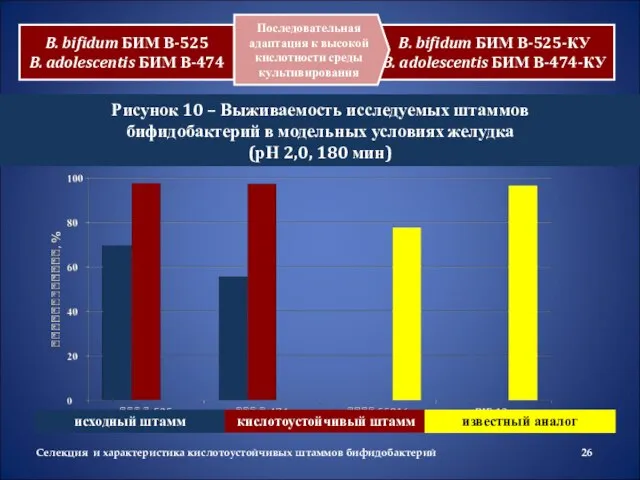 Селекция и характеристика кислотоустойчивых штаммов бифидобактерий Рисунок 10 – Выживаемость исследуемых штаммов