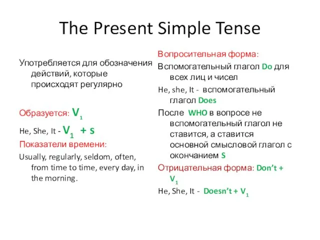 The Present Simple Tense Употребляется для обозначения действий, которые происходят регулярно Образуется: