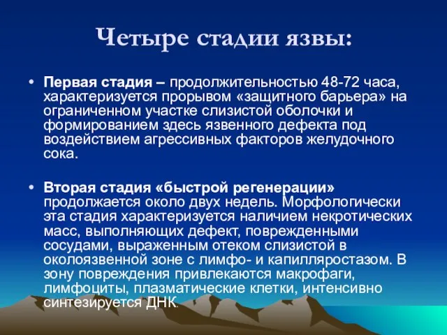 Четыре стадии язвы: Первая стадия – продолжительностью 48-72 часа, характеризуется прорывом «защитного