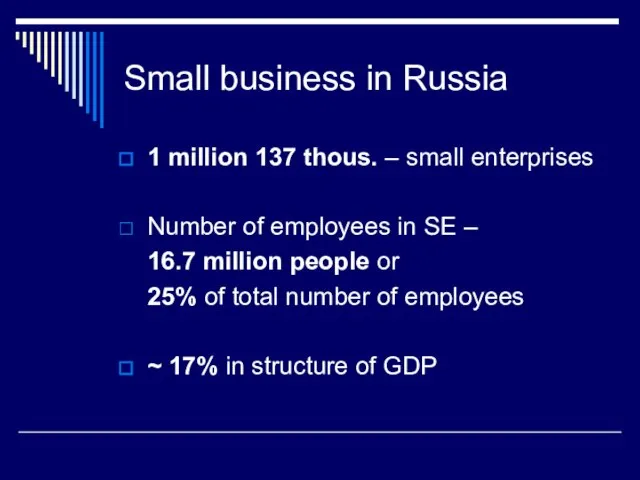 Small business in Russia 1 million 137 thous. – small enterprises Number