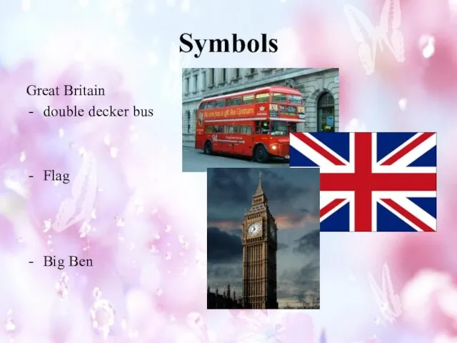 Symbols Great Britain double decker bus Flag Big Ben