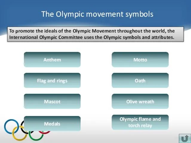 The Olympic movement symbols Anthem Flag and rings To promote the ideals