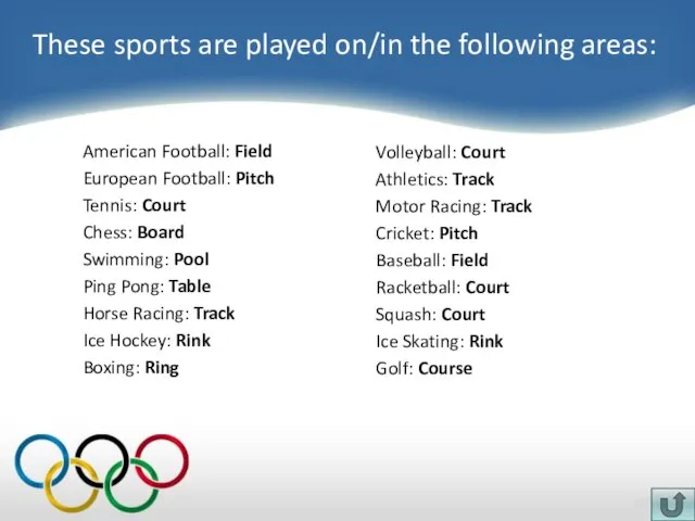 American Football: Field European Football: Pitch Tennis: Court Chess: Board Swimming: Pool