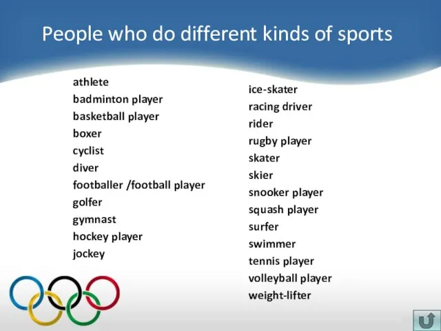 People who do different kinds of sports athlete badminton player basketball player