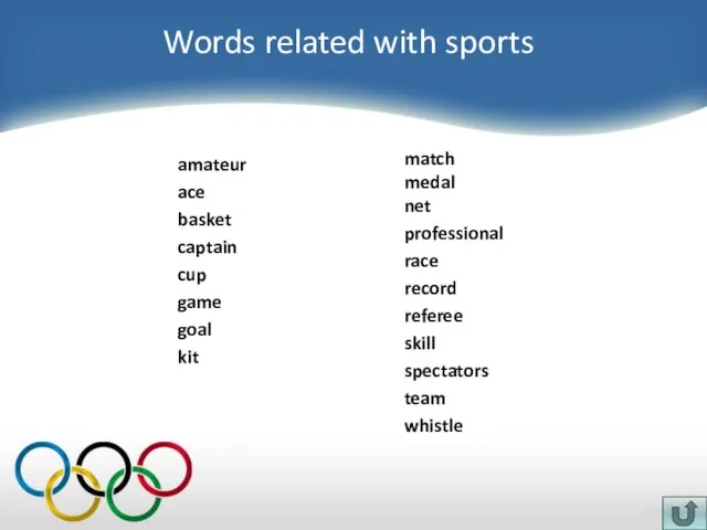 Words related with sports amateur ace basket captain cup game goal kit