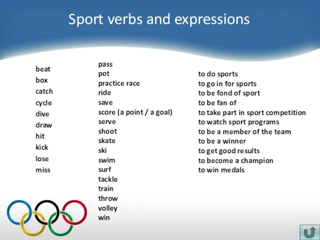 Sport verbs and expressions beat box catch cycle dive draw hit kick