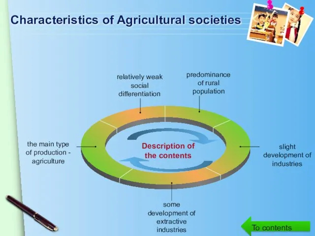 Characteristics of Agricultural societies relatively weak social differentiation predominance of rural population