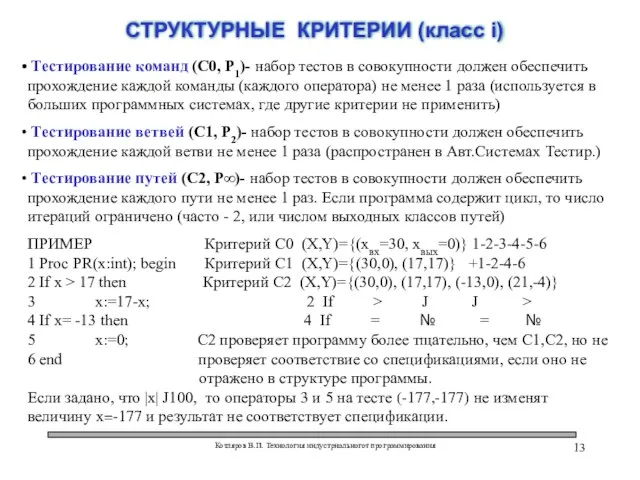 Котляров В.П. Технология индустриальногот программирования СТРУКТУРНЫЕ КРИТЕРИИ (класс i) Тестирование команд (С0,