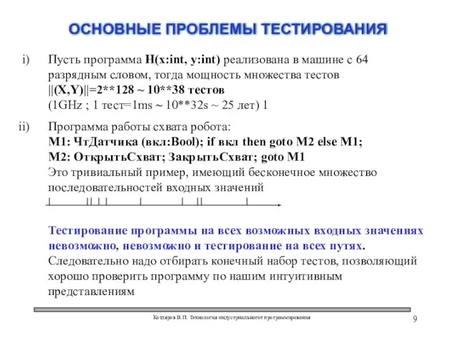 Котляров В.П. Технология индустриальногот программирования ОСНОВНЫЕ ПРОБЛЕМЫ ТЕСТИРОВАНИЯ Пусть программа H(x:int, y:int)