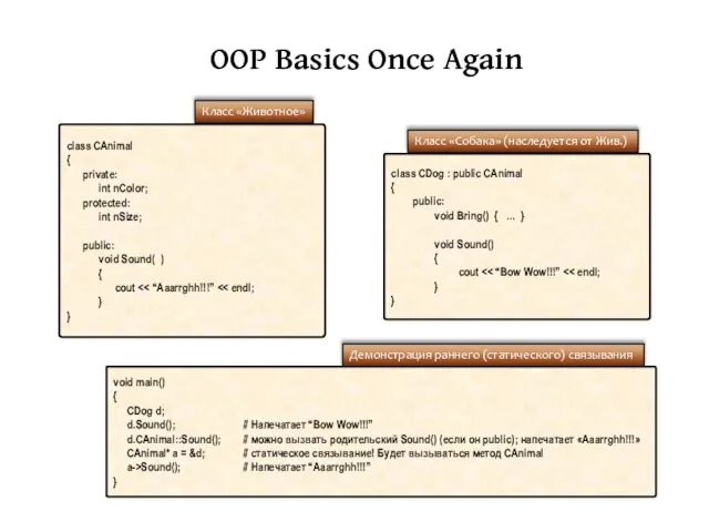 OOP Basics Once Again class CAnimal { private: int nColor; protected: int