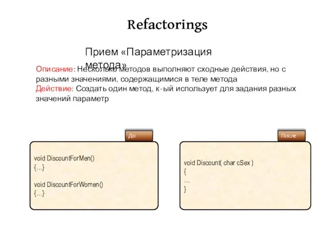 Refactorings Описание: Несколько методов выполняют сходные действия, но с разными значениями, содержащимися