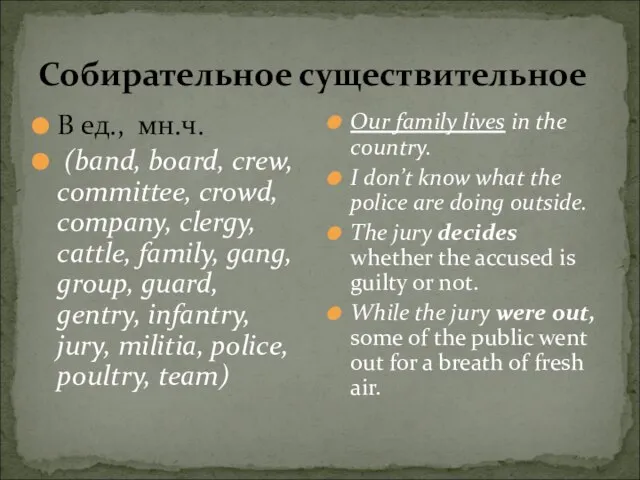 Собирательное существительное В ед., мн.ч. (band, board, crew, committee, crowd, company, clergy,