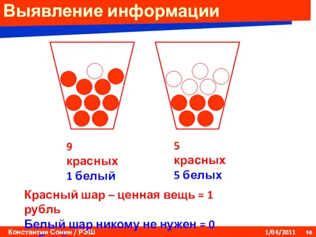Выявление информации 9 красных 1 белый 5 красных 5 белых Красный шар