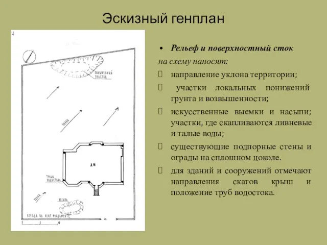 Эскизный генплан Рельеф и поверхностный сток на схему наносят: направление уклона территории;