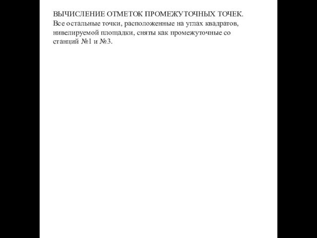 ВЫЧИСЛЕНИЕ ОТМЕТОК ПРОМЕЖУТОЧНЫХ ТОЧЕК. Все остальные точки, расположенные на углах квадратов, нивелируемой