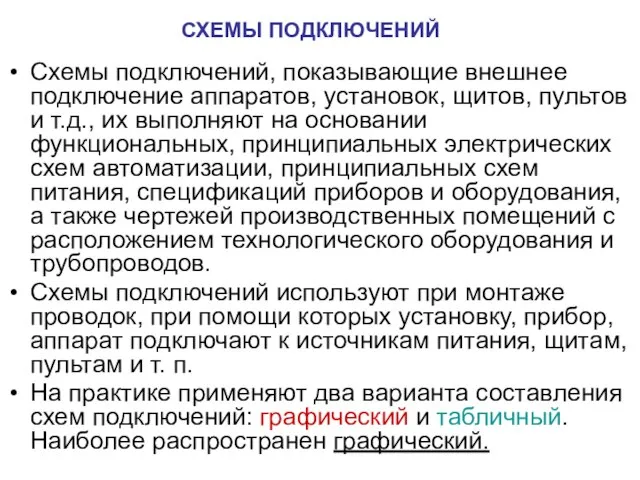 СХЕМЫ ПОДКЛЮЧЕНИЙ Схемы подключений, показывающие внешнее подключение аппаратов, установок, щитов, пультов и