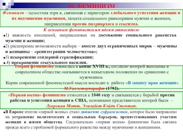 10. ФЕМИНИЗМ К основным феминистским идеям относятся: 1) важность изменений, направленных на