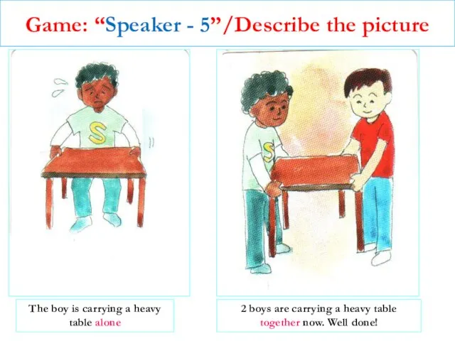 Game: “Speaker - 5”/Describe the picture The boy is carrying a heavy