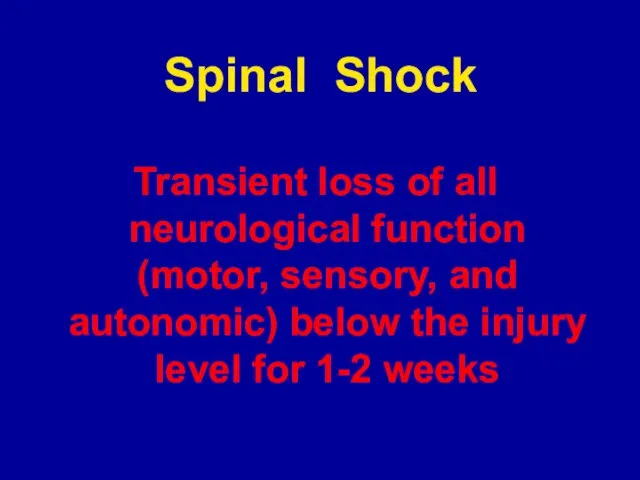 Spinal Shock Transient loss of all neurological function (motor, sensory, and autonomic)