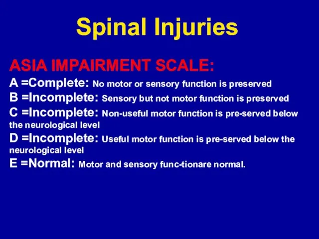 Spinal Injuries ASIA IMPAIRMENT SCALE: A =Complete: No motor or sensory function