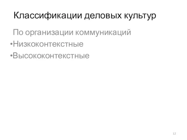 Классификации деловых культур По организации коммуникаций Низкоконтекстные Высококонтекстные