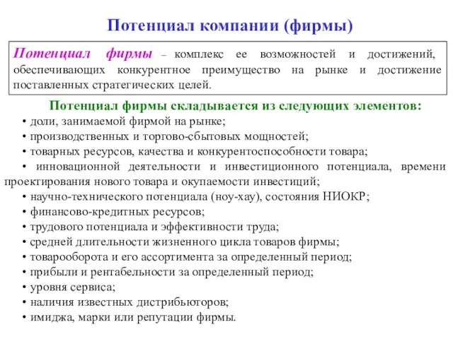 Потенциал компании (фирмы) Потенциал фирмы складывается из следующих элементов: • доли, занимаемой