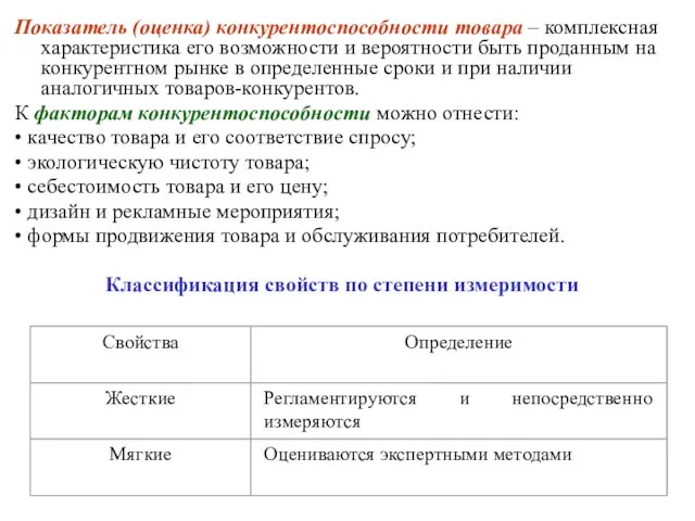 Показатель (оценка) конкурентоспособности товара – комплексная характеристика его возможности и вероятности быть