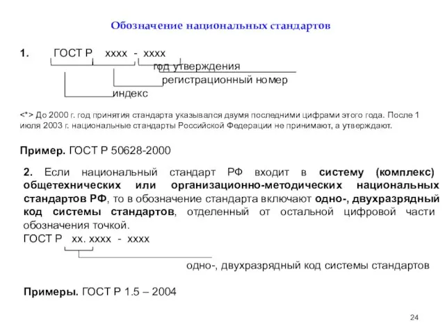 Обозначение национальных стандартов 1. ГОСТ Р хххх - хххх год утверждения регистрационный